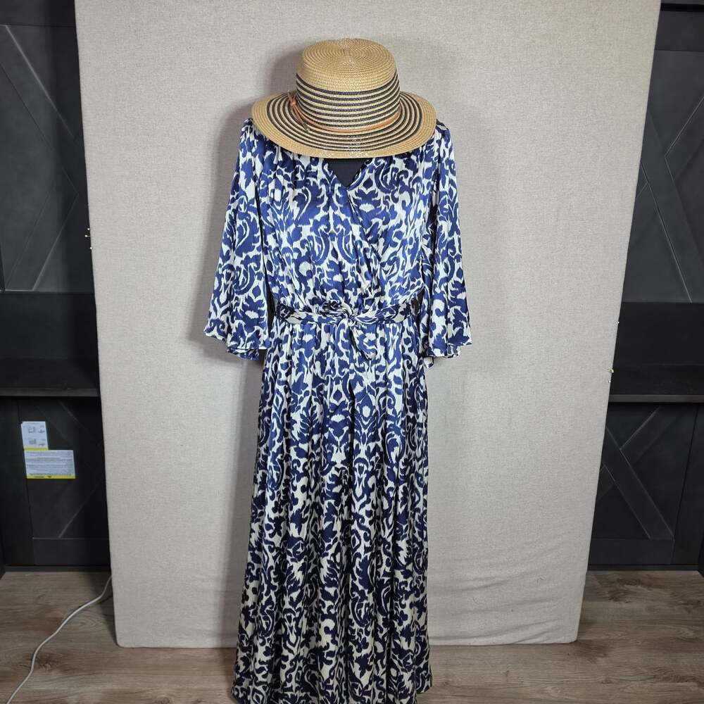 NWT R & B Maxi Dress Womens US Size 14 Wrap 3/4 Sleeve Belt Blue Floral W/hat